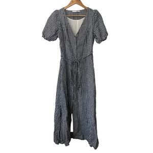 Sophie Rue 100% Linen Gingham Blue Deep V Puff Sleeve Midi Dress • Size XS ⬇️